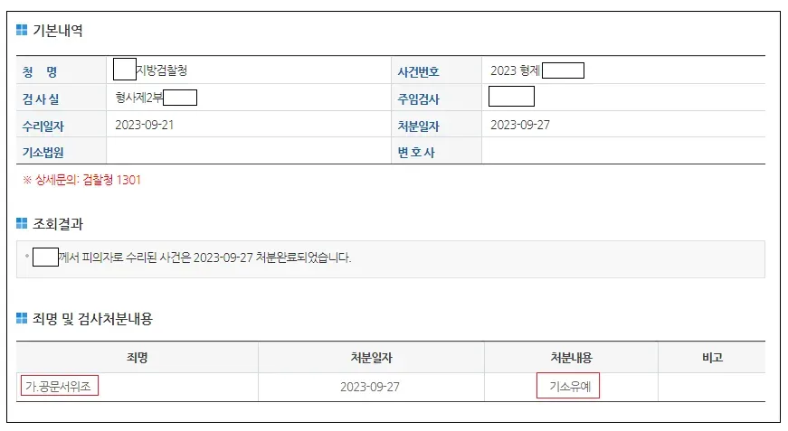 Redacted Korean prosecution record showing a suspension of prosecution for public document forgery.