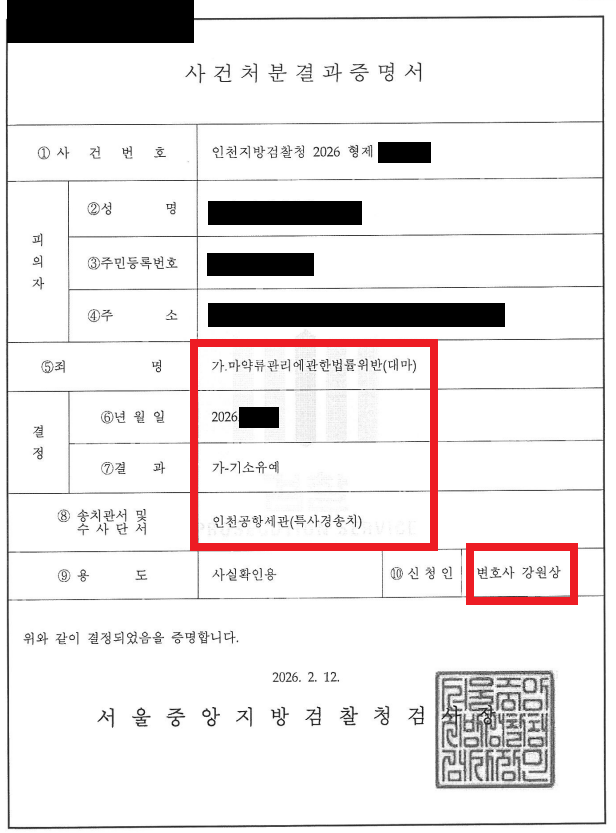Official Certificate of Case Disposition Result (사건처분결과증명서) showing a Suspension of Prosecution for marijuana import in Korea.