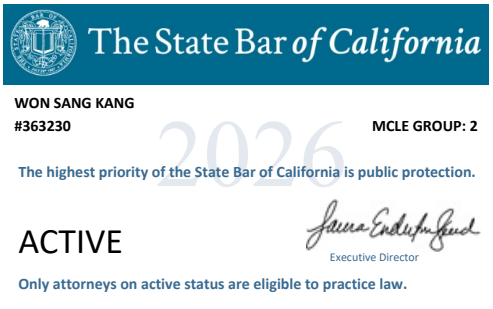 Official 2026 California Bar card for Attorney Won Sang Kang, confirming active legal status.