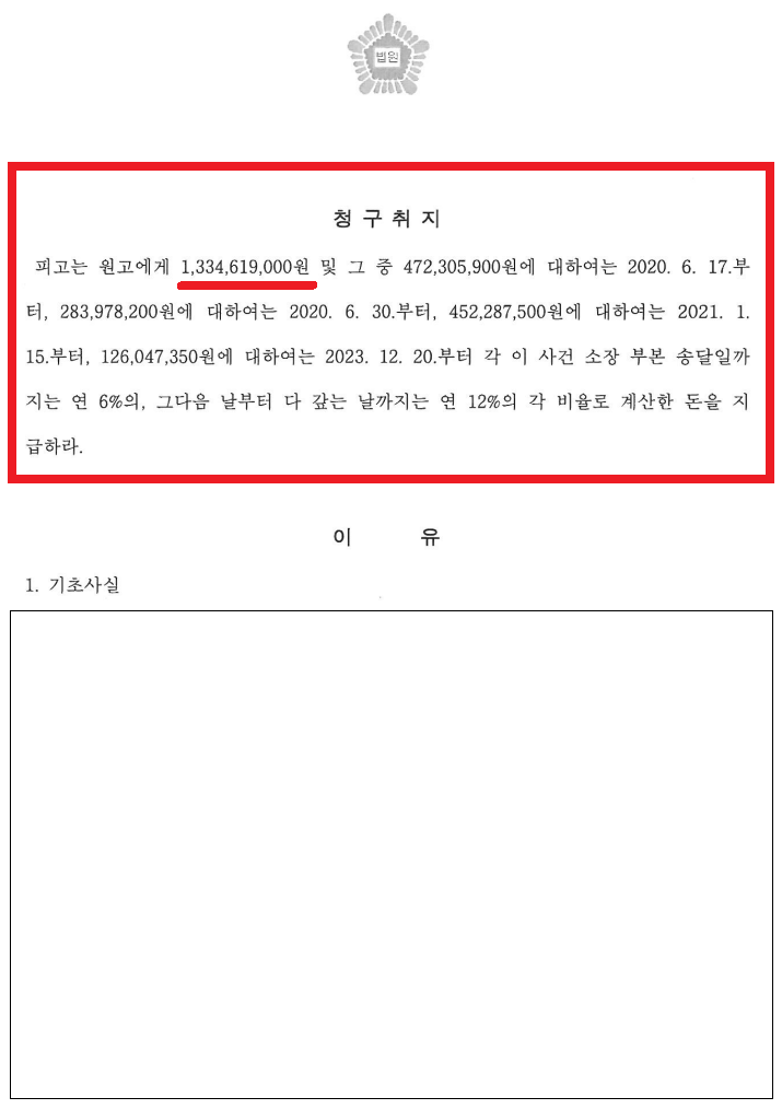 Redacted judgment excerpt showing a claim amount of KRW 1,334,619,000 in a Korean court case.