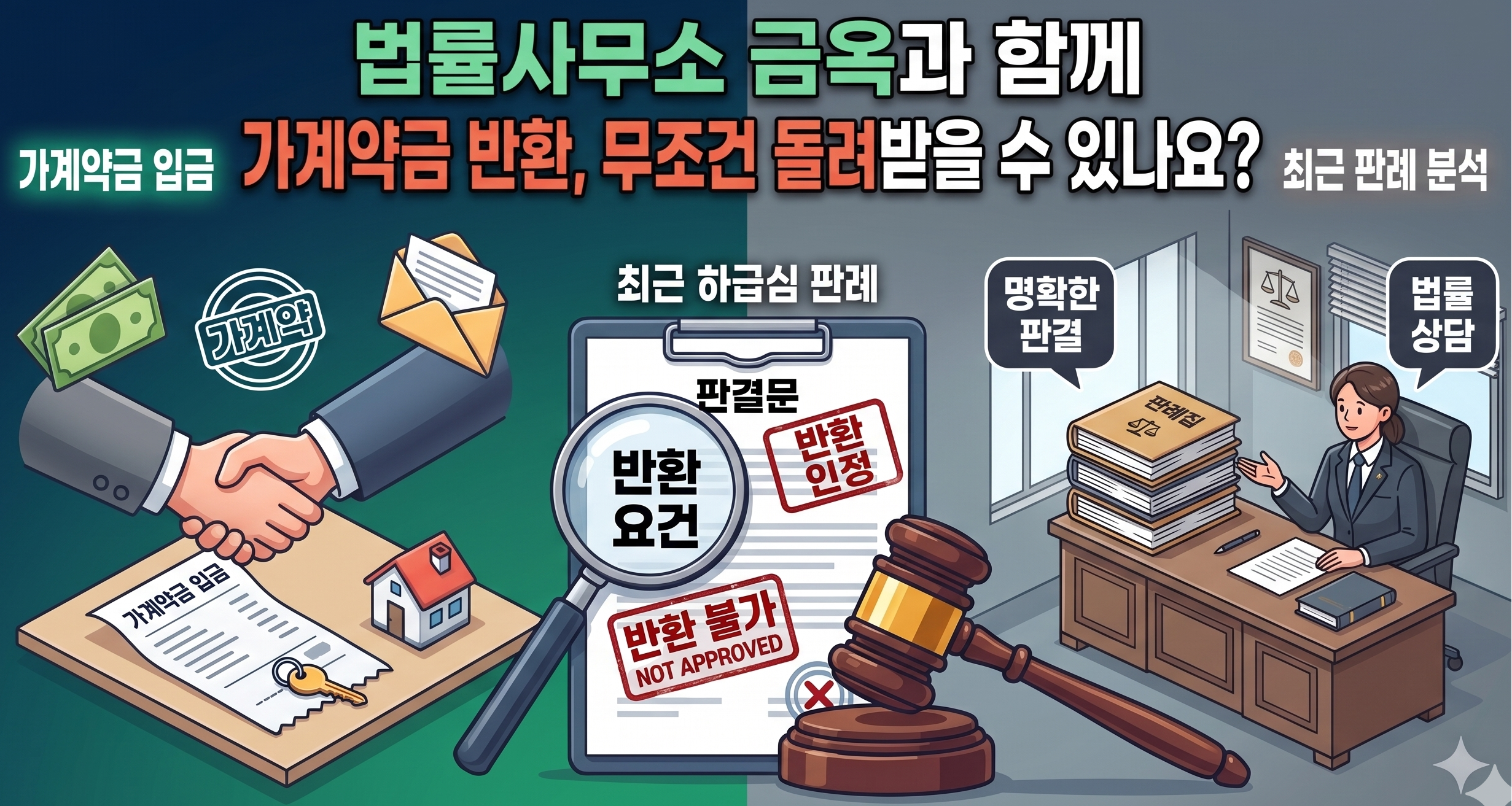 본계약이 성립되지 않은 단계에서의 가계약금 회수 방안과 법적 반환 요건을 설명하는 딥 블루 톤의 미니멀하고 세련된 법률 블로그 썸네일 이미지. 깨끗하고 도회적인 배경 위에 계약 서류가 심플하게 배치되어 있으며, 상단에 '[법률사무소 금옥]', 중앙에 '가계약금 회수 방안'과 '본계약 불성립 시 반환 실무'라는 핵심 타겟 키워드 텍스트가 높은 가독성으로 명확히 명시되어 있습니다.