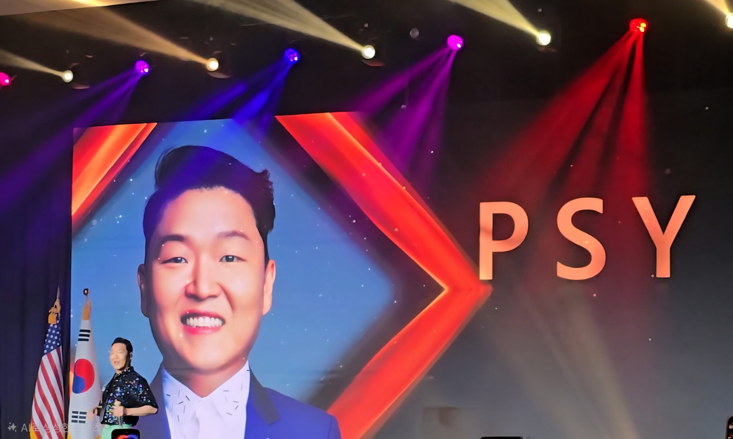 PSY performing on stage at the U.S. Embassy Fourth of July Reception in Seoul, with a large digital backdrop behind him.