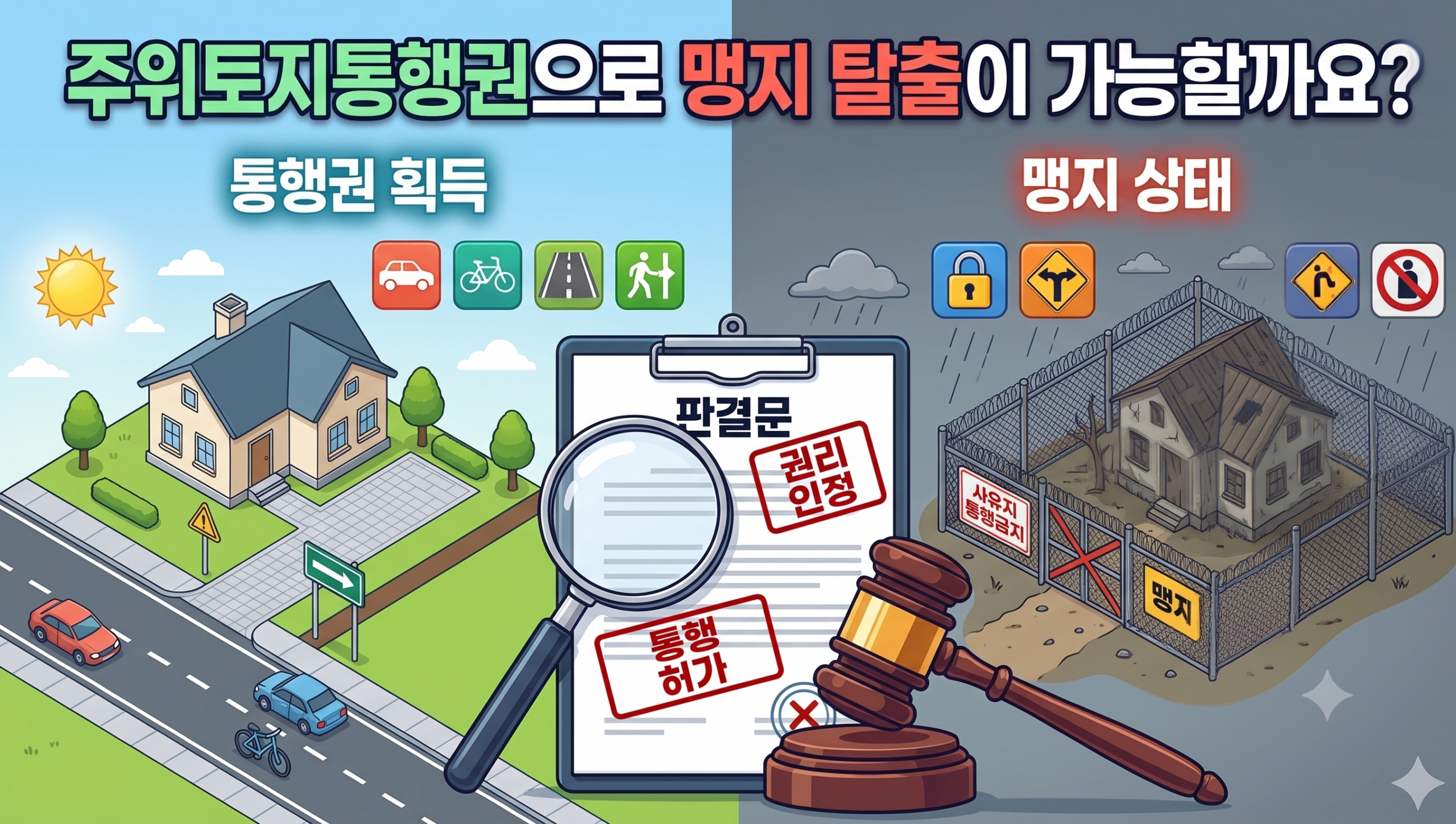 "주위토지통행권을 통한 맹지 탈출 가능성을 분석하는 딥 블루 톤의 세련된 법률 블로그 썸네일. 업로드된 레퍼런스의 대치 구도를 차용하여, 좌측은 길이 막힌 답답한 상황을, 우측은 통행권이 확보된 열린 상황을 미니멀한 추상적 선으로 표현했다. 중앙에는 '[법률사무소 금옥]'